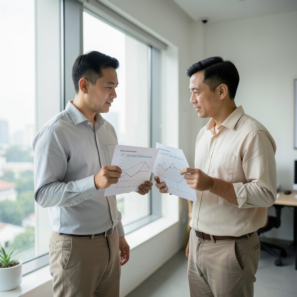 Two analysts discussing printed queue charts near a window in Bangkok