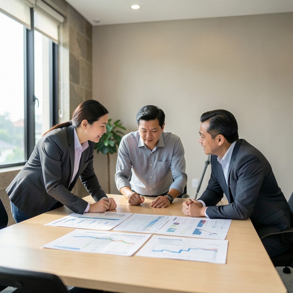 Support leaders gathered around printed performance charts in a bright Bangkok meeting room