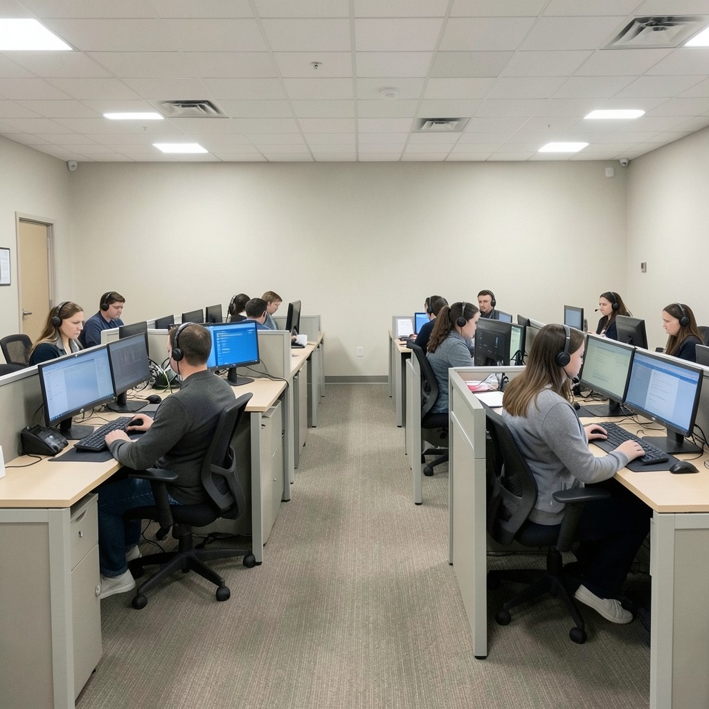 Contact center floor with agents at desks during a busy period