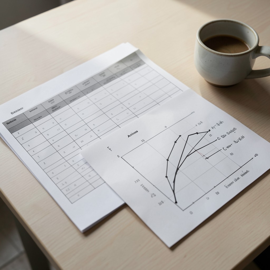 Printed shift roster and arrival curve charts on a wooden table